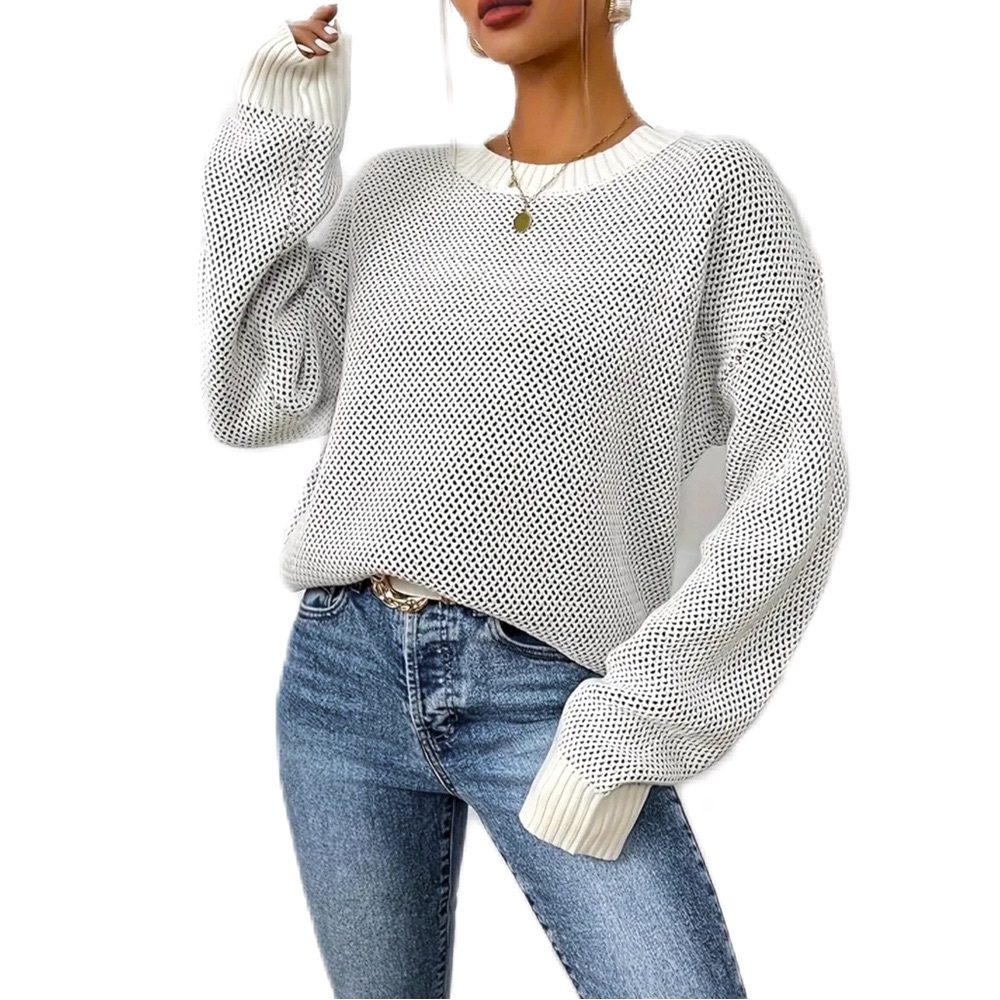 Contrast Trim Oversized Crew Neck Knitted Sweater